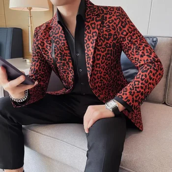 2023 Высококачественный модный универсальный банкетный повседневный пиджак с леопардовым принтом мужской узкий костюм двухзернистый однорядный костюм Блейзеры