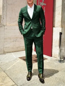  Зеленые мужчины Смокинги Деловой костюм Жених Жених Выпускной Свадебная вечеринка Формальный комплект из 2 предметов Куртка и брюки 0