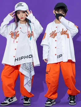Бальный хип-хоп танцевальная одежда Дети уличные танцы свободная рубашка оранжевый брюки-карго для девочек и мальчиков хип-хоп костюм Kpop костюм BL9989 0