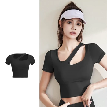  Сексуальная куртка для йоги с коротким рукавом Женская тонкая спортивная рубашка для бега Быстросохнущие дышащие топы для фитнеса с капюшоном