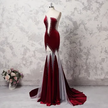 сексуальный винный красный велюр русалка длинные женщины прозрачная спина с кристаллом вырез выпускные платья Aso Ebi Вечернее платье для вечеринки Abendkleider