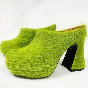  Модный дизайн Мех Конский волос Женщины Высокие каблуки 2023 Модная платформа Туфли Кожаные женские сандалии Скольжение на повседневных женских тапочках