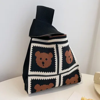 Корейский медведь Вязаная сумка Сумки для покупок Новые широкие минималистичные женские мини-сумки ручной работы на запястье Сумка-тоут Сумка Студент многоразовый