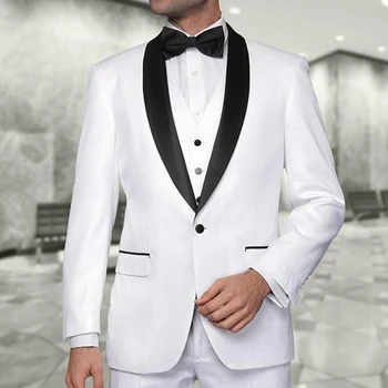 Белый свадебный смокинг для жениха с черной шалью Лацкан 3 шт. Формальные деловые мужские костюмы Набор Пиджак Жилет с брюками Мужская мода