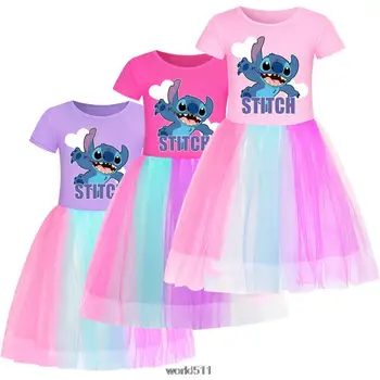Hot Disney Stitch Платье для девочки Дети Принцесса Вестидо Девочки День Рождения Платье Дети Лето Детская Одежда Подарок на День Рождения Розовый