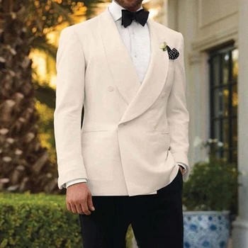 Белый двубортный свадебный смокинг для жениха с лацканом шали 2 шт. Узкий крой Мужские костюмы Комплект Куртка с черными брюками Мода