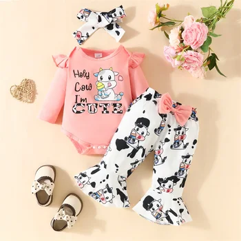  Baby Girls Fall Outfit Long Sleeve Letters Print Romper с расклешенными брюками с коровьим принтом и комплектом одежды с повязкой на голову