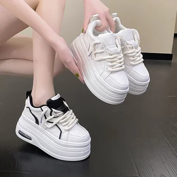 Женщина дышащий высокий верх черный белый ботинки обувь женская повседневная спортивная обувь платформа скрытая увеличивающаяся 8 см платформа кроссовки обувь 0
