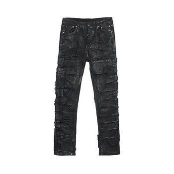 Мужчины Восковые джинсовые джинсы Хлопок Повседневная мужская одежда с покрытием Осень Прямая Твердая Хай-стрит Черные джинсы Длинные брюки