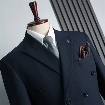 2023 Высококачественный двубортный костюм (костюм + жилет + брюки) Мужская британская мода Свадебный костюм шафера Деловой комплект из трех частей