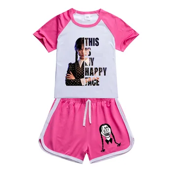 2023new Wednesday Addams Family Kids Лето Футболка с коротким рукавом Шорты Комплекты Спортивные костюмы для маленьких девочек Спортивный набор для девочек-подростков 2-14Y