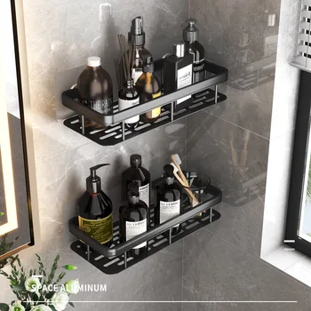  Черный унитаз Тип Присоска Ванная комната Водонепроницаемый настенный шкаф Настенное кухонное хранение без перфорации Настенная полка