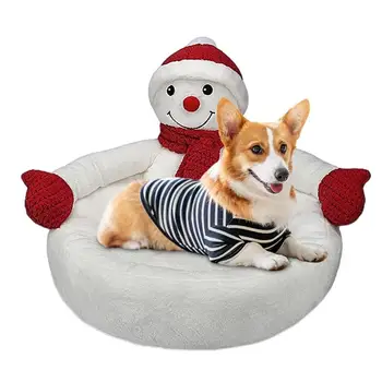 Cat Christmas House 3D Snowman Креативные кровати для кошек с рождественской шапкой и шарфом Мягкие плюшевые кровати с противоскользящим дном Зима