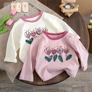 Футболки для девочек с цветочным принтом для детей с длинным рукавом для детей Blouese 2023 осень зима детские футболки для малышей наряды одежда