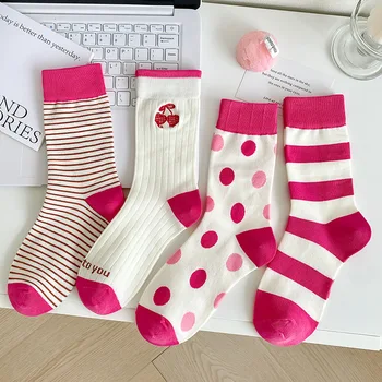 2023 Новые дизайнерские носки Осень-зима Розовые фрукты Носки Dot Stripe Middle Tube Socks Ins Fashion Kawaii Harajuku Женские носки 0
