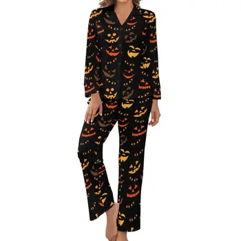 Пижама с тыквенным принтом Длинные рукава Хэллоуин Лица Две части Повседневная пижама Набор Осень Женщины с V-образным вырезом Симпатичные пижамы