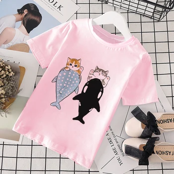 Детская мода 2021 Летняя футболка для девочек Удобная Милая Одежда Для Малышей С Коротким Рукавом Новое Поступление Мультфильм Розовая Кошка Футболка 0