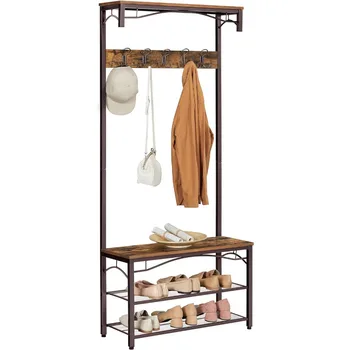 вешалка для одежды,дерево прихожей 3-в-1,подставка для обуви в прихожей, полки для хранения акцентной мебели стальной рамы большого размера,рустикально-коричневый
