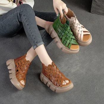 Лето Новые тканые выдолбленные сандалии толстая подошва дышащий конфетный цвет комфортный римский ветер натуральная кожа уличная обувь