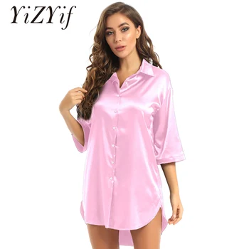 Женская атласная ночная рубашка с рукавом 3/4 Пуговицы Отложной воротник Ночная рубашка Однотонная рубашка для сна Ночная рубашка Женская пижама 2021