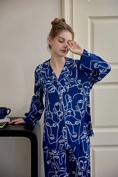Синяя пижама Picasso Абстрактная линия с принтом Комплект из двух частей с длинным рукавом и брюками Мягкая текстура, подходящая для домашнего ношения