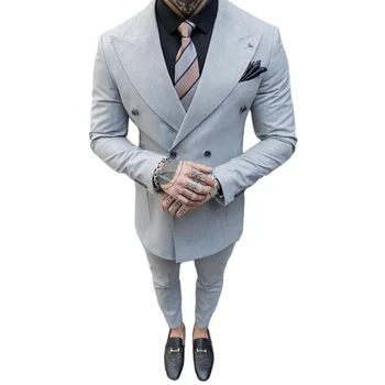  Светло-серый двубортный мужской костюм Пик Лацкан Slim Fit 2 шт. Блейзер с брюками / Мужская мода Классический пиджак для свадебного наряда 0