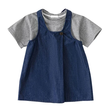 2Piece Летняя детская одежда Модная повседневная хлопковая футболка с коротким рукавом + джинсовое платье Бутик для девочек Комплекты детской одежды BC594