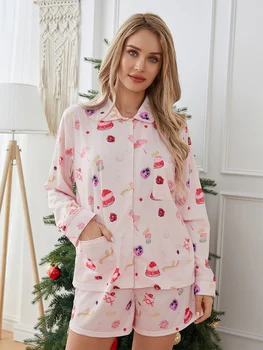 Женская пижама из 2 предметов с цветочным принтом Y2k Рубашка с длинным рукавом на пуговицах Шорты с боковым разрезом Комплект пижамы Пижамы