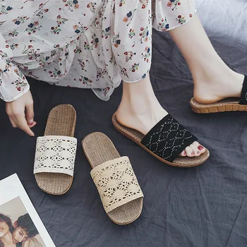 Летние льняные тапочки для пар пол домашний дом толстый низ противоскользящие домашние сандалии тапочки женщины
