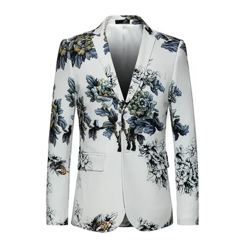 Весна Осень Корейский стиль Мужчины Модный дизайнер Цветочный узор Одна пуговица Пиджак Пальто Мужчина 5xl 6xl Host Белый Вечеринка Цветочные Блейзеры 0