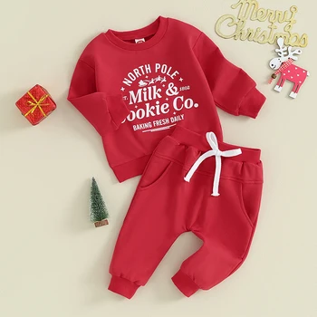  Toddler Boys Рождественские наряды Толстовки с длинным рукавом с принтом букв и однотонные длинные брюки 2 шт. Набор одежды