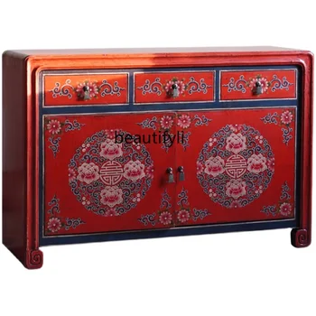 Китайский стиль из массива дерева Красный входной шкаф в фойе Винтажный раскрашенный шкаф в национальном стиле Фойе Тибетская мебель