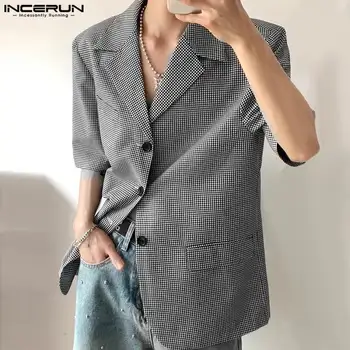 INCERUN Топы 2024 Корейский стиль Новый мужской модный костюм в клетку Пальто Повседневная уличная одежда Мужской пиджак с короткими рукавами S-5XL 0