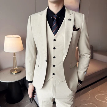 Мужские костюмы 3 шт. (пиджак + жилет + брюки) Деловой однотонный приталенный блейзер Брюки Комплект Свадебный смокинг Жених Мужская одежда