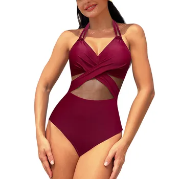 2024 Новый цельный купальник Сплошной цвет сетки Сращивание женских купальников Сексуальный костюм с застежкой на шнуровке и открытой спиной Бразильский костюм-монокини