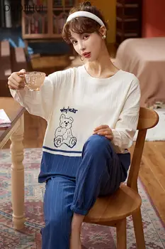 DUOJIHUI Весенняя модная повседневная домашняя пижама из двух частей для женщин Корейские классические пуловеры с круглым вырезом Простые брюки Женская пижама Комплект