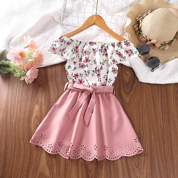Детские комплекты одежды для девочек 4-7 лет Топы и юбки Корейская мода Лето Корейский розовый цветочный принт Ежедневные наборы для праздничной вечеринки