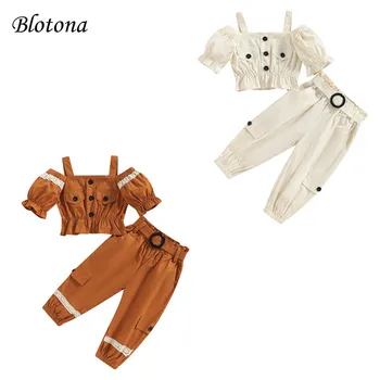 Blotona Дети Девочки 2шт Летние наряды, топы с коротким рукавом и открытыми плечами + комплект брюк-карго 1-6 лет
