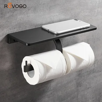 ROVOGO Матовый черный двухрулонный держатель для туалетной бумаги с полкой для телефона, настенный диспенсер для туалетных бумаг в современном стиле