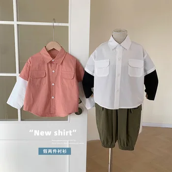 Детская одежда 2023 Весна Осень Новый Модный Корейский Стиль Красивый Поддельный Из Двух Частей Рубашки Письмо Принт Повседневная Рубашка