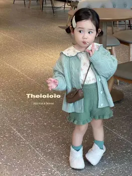 корейская детская осенняя одежда новый вязаный кардиган для девочек детский свитер верхняя одежда шорты комплект из двух частей
