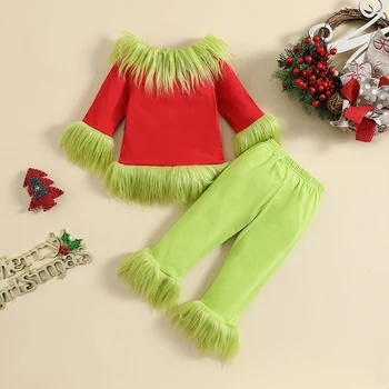 Малыш Малыш Рождественский косплей Костюм Зеленый Пушистый Монстр Санта-Клаус с капюшоном Топы Зеленый мех Брюки Комплект