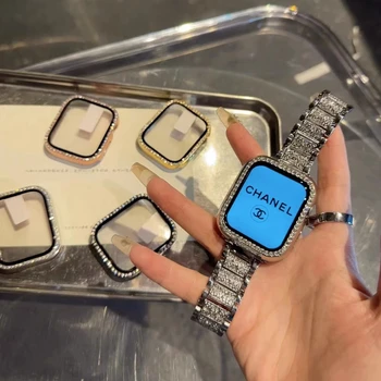 Алмазный металлический ремешок из нержавеющей стали, подходящий для ремешка Apple Watch 38/41/42/45/49 мм iWatch series 8 7 SE / Ultra мигающий браслет