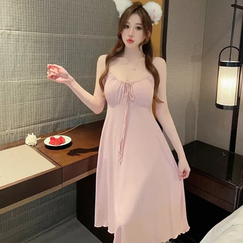 Летнее женское платье принцессы Розовые рубашки без рукавов Винтаж Леди Девочки Ночные рубашки Ночная рубашка Пижама в королевском стиле Пижамы Пижамы для сна