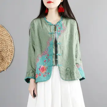 2024 китайский ретро хлопковый льняной топ женское весенне-осеннее повседневное пальто универсальный кардиган с длинными рукавами на пуговицах в восточном стиле 0