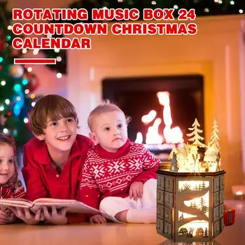 Вращающаяся музыкальная шкатулка 24 дня с обратным отсчетом Рождественский календарь Резные огни Светодиодные деревянные украшения Рождество Адвент E4F4 0