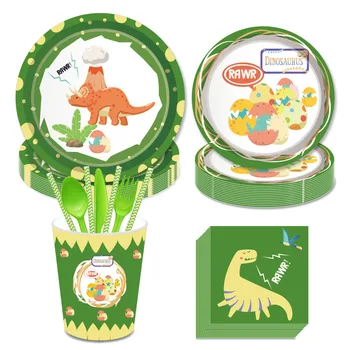  Dino Party Baby Shower RAWR Anniversaire Dinosaur Одноразовые наборы посуды для счастливого дня рождения динозавра