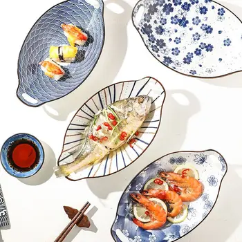 Новое поступление керамической рыбной тарелки, обеденная тарелка с двумя ушками с эстетичным дизайном для домашнего приготовления на пару в японском стиле эллиптический