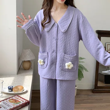 Sweet Air Хлопковая пижама Комплекты для женщин Кардиган с длинным рукавом Цветочные топы с карманом + толстые брюки 2 шт. Пижамы для сна Домашняя пижама