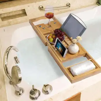 5 Стиль Бамбуковая ванна Регулируемые аксессуары для ванной комнаты Полка для хранения Стойка Выдвижной деревянный поднос для ванны Caddy Home Spa